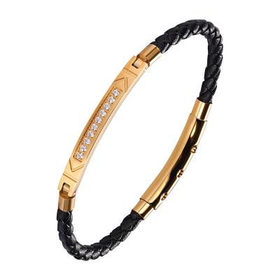 China FASHIONABLE Adjustable Clasp Black PU Braided Crystal Luxury Leather Bracelet Women for sale