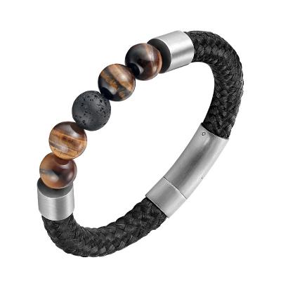 China Factory Supply Comfort Fit Bead Bracelet Stainless Steel Magnetic Stone Clasp Stone Magnetic Rope Tiger Eye Lava Men Natural Chain Bracelet for sale