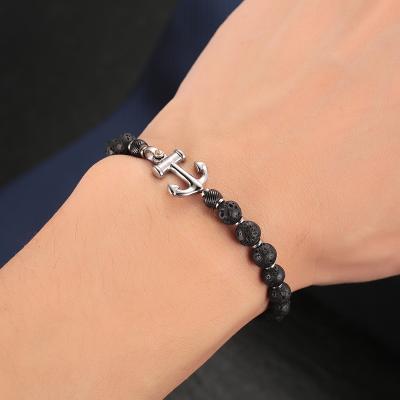 China Fashionable Volcanic Stone Men's Bracelet Men's Anchor 316L Stainless Steel Black Bead Natural Stone Bracelet for sale