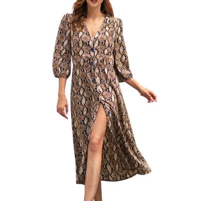 China Anti-Static Custom Print Women Fashion Leopard Print Mid-Calf Dress Female Streetwear 3/4 Sleeve Button Up Office Slim Dress Dresses for sale