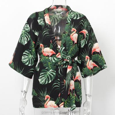 China OEM New Arrival Fashion Summer Floral Print Anti-Shrink Blouses Female Top Wear Tunic Kimonos Beach Kaftan for sale