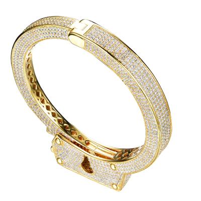 China Factory Supply TRENDY Fashion Iced Out CZ Diamond Man Hip Hop Gold Plated Brass Bracelets Handcuff for sale