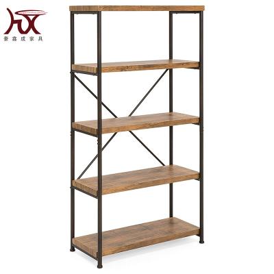 China 5-Tier Portable Modern Floor Display Standing Steel Book Shelves Wooden Crate Industrial Storage for sale