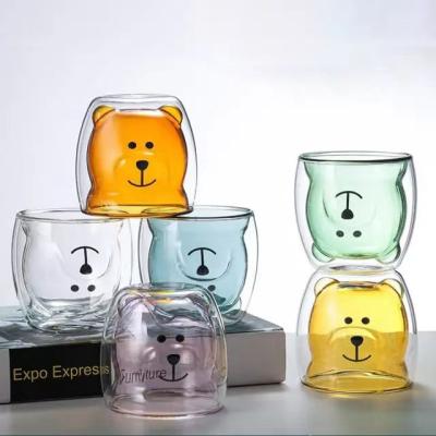 China Sustainable 250ml High Borosilicate Cute Animal Bear Shape Double Wall Glass Juice Cup for sale