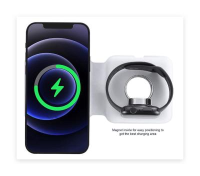 China 2021 Widely Used Portable Magnetic Radio Pad 15W Charging Mobile Phone Safe Convenient Fast Charging 2 in 1 Wireless Charger for Watch for sale