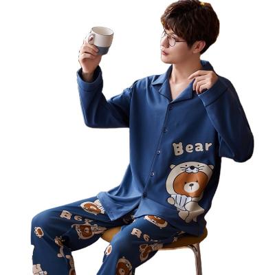 China Spring and Autumn Cotton Men's Large Cardigan Breathable Pajamas Long Sleeve Youth Suit Comfortable Home Large Men's Cotton Pajamas for sale