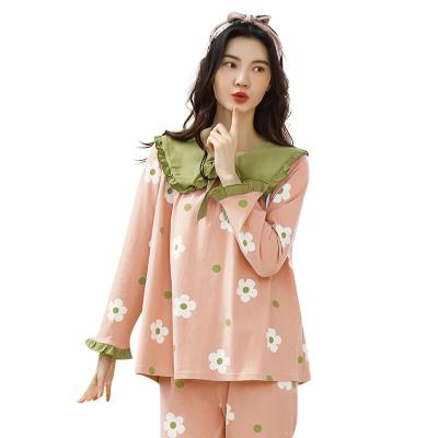 China Spring and autumn women's long cotton breathable pure floral pajamas sleeved pants clothes at home to set wind soft pajamas set women's cotton for sale