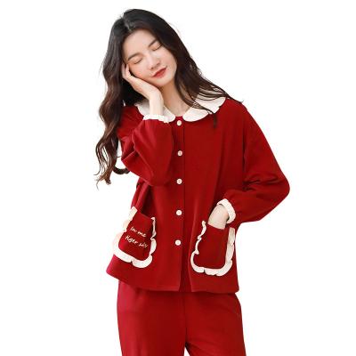 China Breathable spring and autumn print cotton pajamas soft slim sleeved home wear women long set pajamas set women cotton for sale