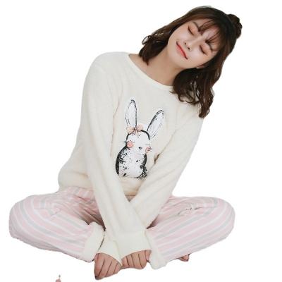 China Wholesale Breathable Flannel Warm Winter Womens Printed Rabbit Two Pieces Pajamas Set Summer Pajamas Women for sale