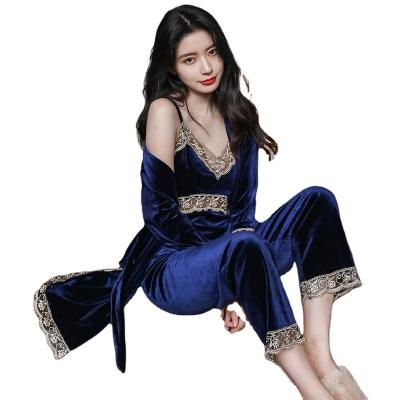 China New Winter Lace Thermal Suspender Sexy Nightgown Women 3 Pieces Gold Velvet Set Long Sleeved Pajamas For Women Girls Long Robe Pajamas for sale