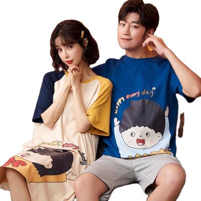 China Summer Pajamas Women's Casual Women's Nightgown Cartoon Pure Cotton Breathable Couples Pajamas Set Two for sale