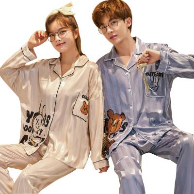 China 2022 new print couple QUICK DRY pajamas ice silk long sleeved pants home outfit set thin pajamas summer for sale