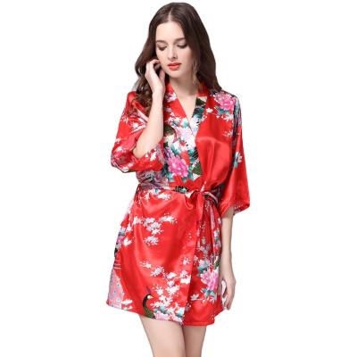 China Breathable Summer ice silk women's V-neck Nightgown medium sleeve casual home clothes women robe sleepwear for sale