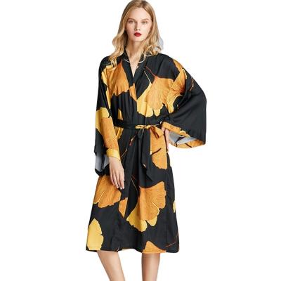 China Women's long robe sleepwear pajamas quality satin maple pajamas women's wholesale QUICK DRY leaf big size pajamas for sale