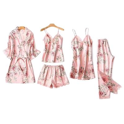 China Wholesale High Quality QUICK DRY Five Piece Pajamas Set Ladies Satin Sleepwear Summer Silk Pajamas Set For Women Long Robe Sleepwear for sale