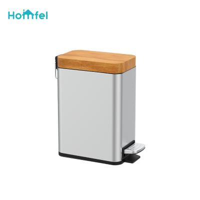 China 6L Entry Level Stainless Steel Pedal Foot Pedal Rectangular Bamboo Lid Trash Can Base Soft Narrow Indoor Kitchen Bathroom Home Trash Can for sale