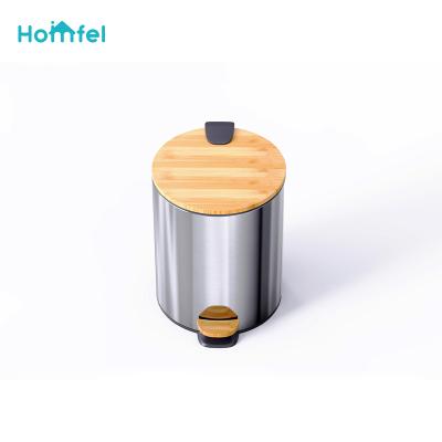 China 3L 5L 12L 20L 30L stainless steel bucket home bathroom bathroom entry-level round bamboo base round bamboo lid soft close trash can kitchen for sale