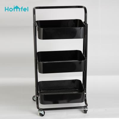 China Storage Three Tier Rolling Service Cart with Multifunctional Trolley Organizer, Stackable Wheels Metal Storage Cart Baskets for sale