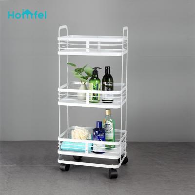 China Storage Three Tier Rolling Service Cart with Wheels Metal Storage Cart Multifunctional Adjustable Trolley Cart Organizer for sale