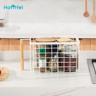 China Tidy Up Rack Storage Basket Wood Handle/Multifunctional Lightweight Metal Organizer Wire Locker Storage for sale