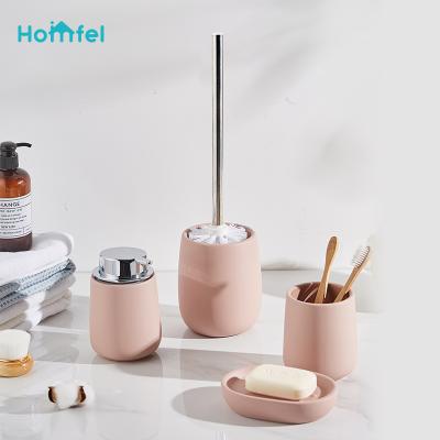 China Sustainable Bathroom Products Sets Scandi Water Drop Shape Sandstone Soap Dispenser Tumbler Soap Dish Toilet Rubber Coating Brush Holder for sale