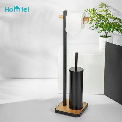 China Sustainable Bathroom Toilet Paper Holder Toilet Brush Holder With Base Bamboo Matt Black Bathroom Storage for sale