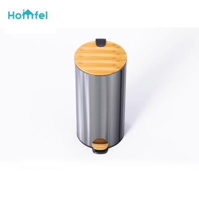 China Large Volume Multi Viable Trash Bin Pedal Metal Mirror Metal Mirror Bamboo Waste Bin With Bamboo Lid And Inner Bucket For Kitchen for sale