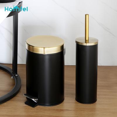 China Sustainable &Gold Vintage Bathroom Accessories Bin Peadal Bin Toothbrush Holder Set Black Metal for sale