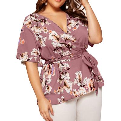 China Breathable Garment Factory European and American Custom Made Plus Size Loose V-neck Women's Casual Chiffon T-shirt Belt Tops for sale