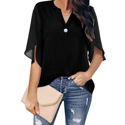 China QUICK DRY Women's Summer Tops Short Sleeve Casual Shirts V Neck Chiffon Blouse Tops Shirts for sale