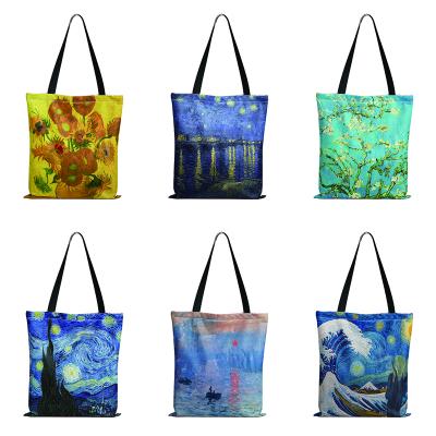 China Starry Night Sunflower Eco-Friendly Art Shopping Bag Van Gogh Iris Oil Painting 3D Printed Thicker Canvas Bag Storage Shoulder Bag for sale