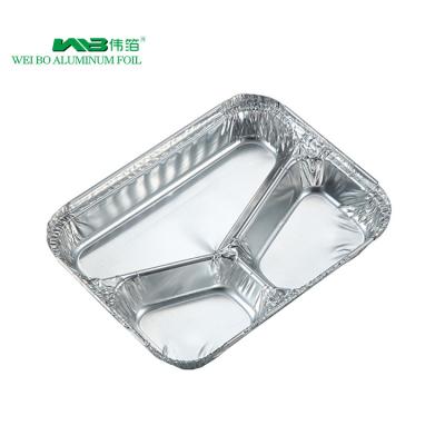 China Three Compartments Aluminum Foil Trays Disposable Food Packaging Containers With Lid Fast Food Delivery for sale