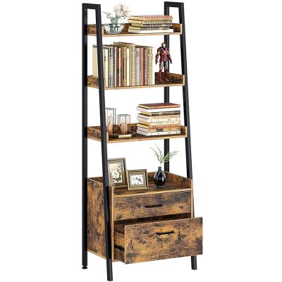 China (Height) Adjustable Shelving Unit With 2 Drawers 4 Tier Ladder Shelf Wood Serving Shelves Organizer With Metal Frame for sale