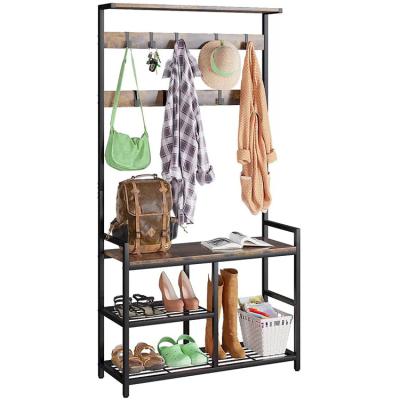 China Convertible Coat Hanger Bench Lobby Tree with 10 Hooks, Entryway Storage Rack, 1 Shelf and 3 Shoe Racks for sale