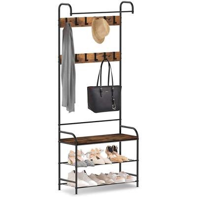 China Custom Convertible Entryway Hanger With Free Shoe Rack Hallway Furniture Retro Wooden Hanger for sale