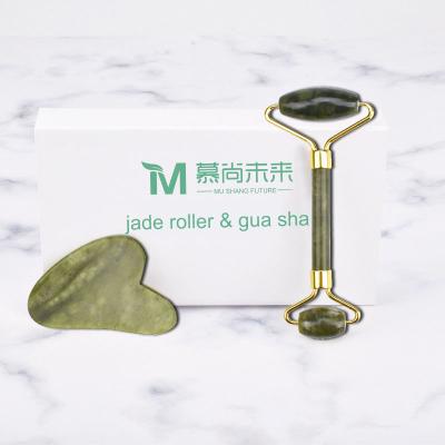 China Fashion Face Skin Tightening Jade Roller Beauty Bar Green Jade Roller Guasha Massager Tool Kit for Facial, Customizable for sale