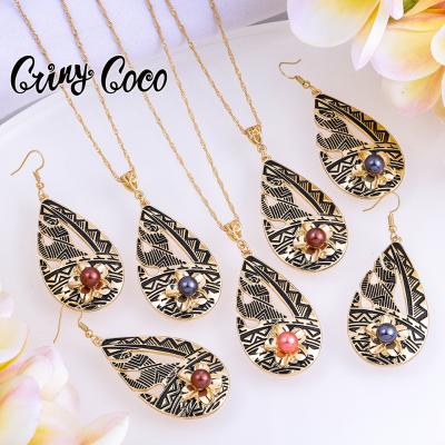 China Hawaiian Cring Cocos Teardrop Enamel Black Polynesian Bead Sets 14k Gold Plated Set Samoan Jewelry Wholesale Hawaiian Jewelry for sale