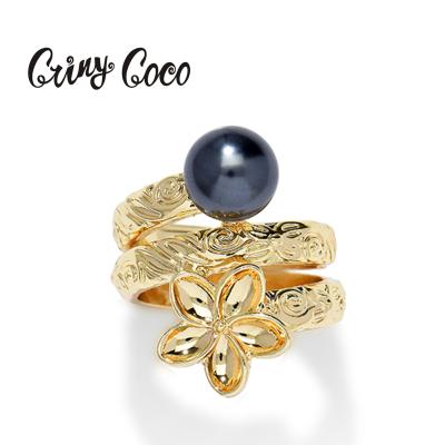 China Large Hawaiian Enamel Crystal Gold Plated Pearl Adjustable Fashion Cocos Cring Jewelry Flower Rings Hawaiian Rings for sale