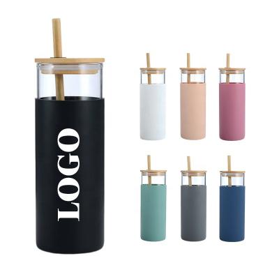 China Customised Transparent 500ML Glass Tumbler Reusable Glass Water Bottle With Silicone Sleeve And Straw Applied As Gifts For Employees Friends Coworkers for sale