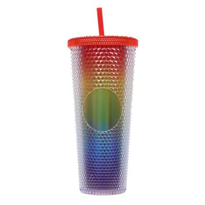 China Studded Tumbler With Straw Tumblers With Lids And Straws Pink Tumbler With Straw Textured Cup BPA-Free Double-Wall Plastic Tumblers For Iced Coffee Cold Drinks Or Water 24 Oz for sale