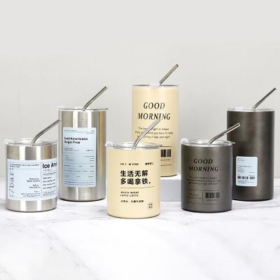 China 12oz Straight Mugs Ice Coffee Tumbler Stainless Steel Thermos Insulated Coffee Tea Mug Beer Drinking Cup With Straw Lid for sale