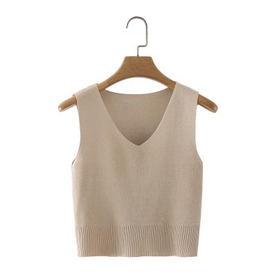 China New Simple V-Neck Summer Anti-wrinkle Solid Basic Knitted Sweater Women's Color Sleeveless Vests for sale