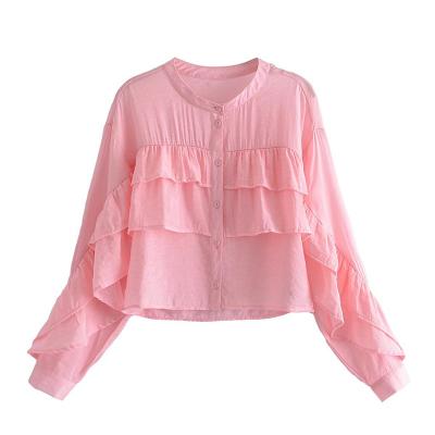 China Summer QUICK DRY Pink Round Neck Loose Single Breasted Ruffle Arm Shirts For Women 3d T-shirt Dress for sale