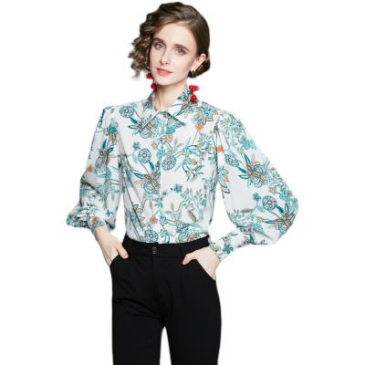 China Female Collar Modest Ladies Turn-down Blouses Lantern Sleeve Anti-pilling Puff Loungewear Elegant Black And White Sleeve Shirt For Women for sale