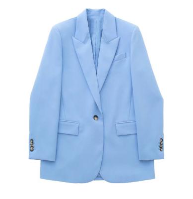 China Anti-wrinkle New Product Sky Blue Color Office Formal Suits Pockets Front Womens Cardigan Long Sleeve Coats for sale