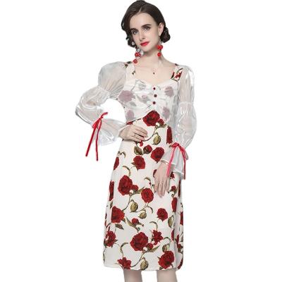 China Anti-Static Rose Floral Chiffon Bow Party Dinner Dress Ladies Dress Square Collar Long Sleeve Midi Women Dress Italy Casual Dresses for sale