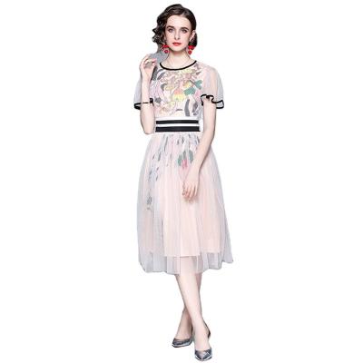 China Elegant Floral Mesh Dress Women Summer Maxi Round Neck Ladies Anti-Static Clothing Round Night Dresses for sale