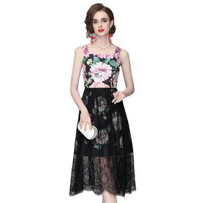 China Wholesale Anti-static Sexy Cocktail Two Piece Dress Lace Patchwork Floral Print Suspender Elegant Casual Outfits for sale