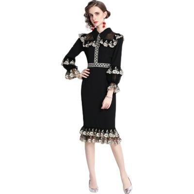 China European American anti-static embroidered chic black retro turn-down collar color office autumn birthday dresses women for sale