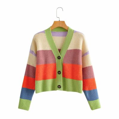 China New Arrival Fashion Color Matching V-neck Jacket Women Sweater Cardigan Anti-wrinkle Casual Thick Stripes for sale